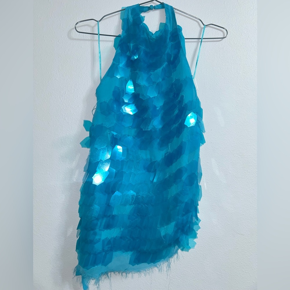 ARRANGE embellished shard sequin longline halter disc top mini dress blue shell - Picture 7 of 12